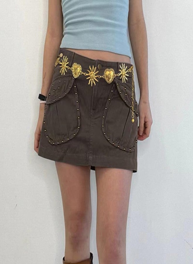 QFSH Vintage Women Tassel Sun and Heart Metal Waist Chain Multilayer Gold Silver Waist Belts Body Chains for Dress Jeans (Gold) - Image 5